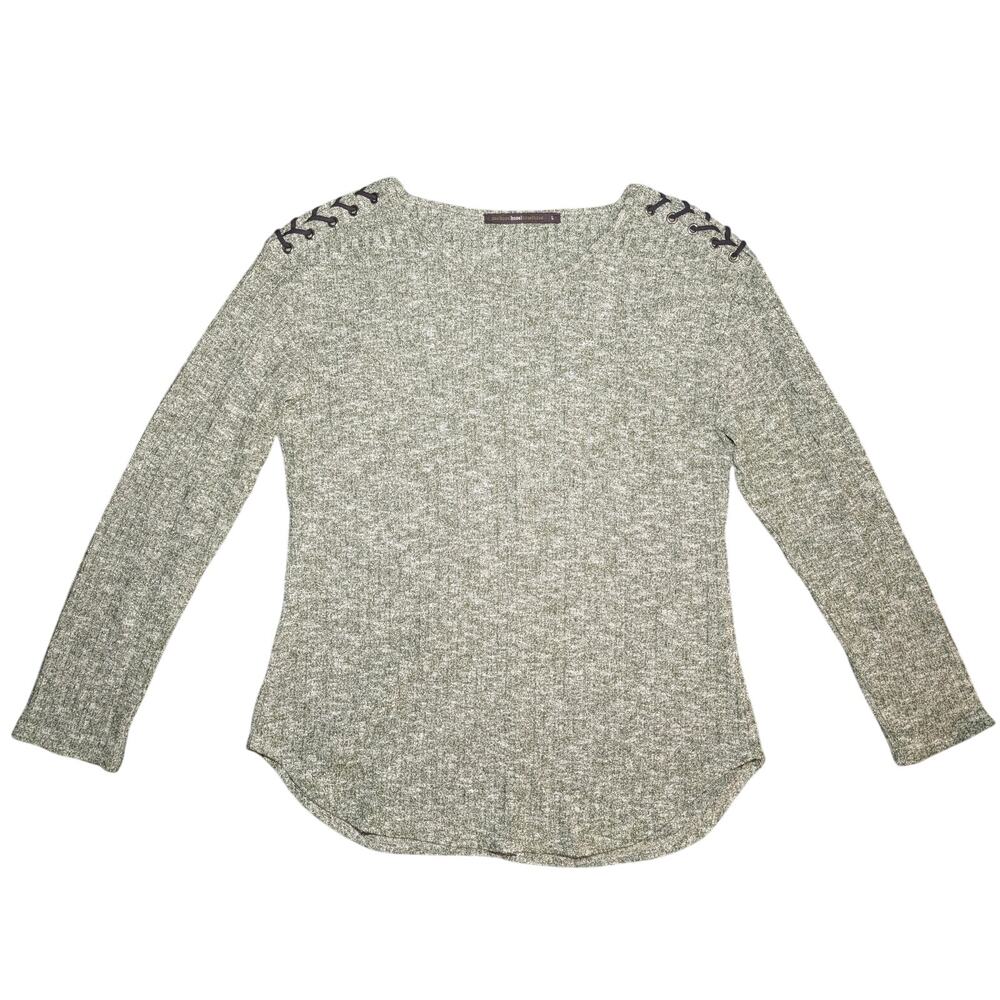 Hazel Green and White Marled Ribbed Long Sleeve Top Lace Up Shoulder Womens L